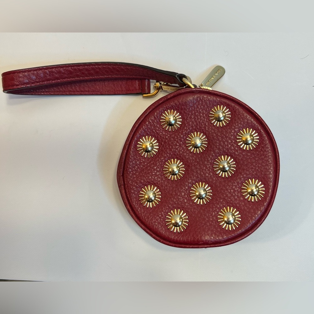 MICHAEL KORS Red With Gold Studded Round Wristlet